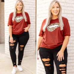 Cheetah Lips Tee, Brick -Deals Swish Tex Store 18.1
