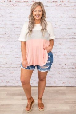 Keep It Simple Top, Grey-Pink -Deals Swish Tex Store 3 8 1401