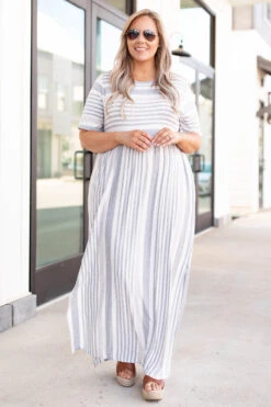 Stripe On Cue Maxi Dress, Heather Gray -Deals Swish Tex Store 746A2311
